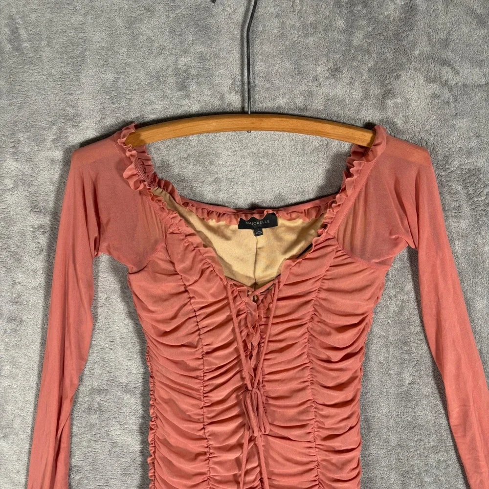 Majorelle Mini Jardin Dress Size S Pink‎ Ruched Mesh Lace Up Long Sleeve Bodycon - Picture 6 of 14